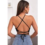 Kadın Siyah Sırtı Açık Boyundan Çapraz Bağlamalı Crop Top Bluz