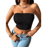 Kadın Siyah Straplez Crop Top Bluz (Siyah, M)