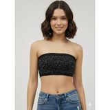 Kadın Siyah Taş Detaylı Straplez Crop Top – Esnek Kumaş, Işıltılı Bant Büstiyer