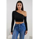 Kadın Siyah Tek Omuz Detaylı Uzun Kol Crop Top Bluz – Şık, Rahat Ve Kolay Kombinlenebilir