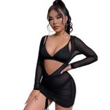 Kadın Siyah Transparan Derin Dekolte Sütyen Tanga Babydoll Takım-3445