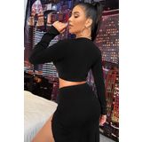 Kadın Siyah Uzun Kol Göğüs ve Göbek Dekolteli Fermuarlı Crop Top Bluz