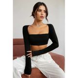 Kadın Siyah Uzun Kol Göğüs Ve Sırt Dekolteli Crop Top Bluz – Şık, Rahat Ve Kolay Kombinlenebilir