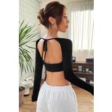 Kadın Siyah Uzun Kol Göğüs ve Sırt Dekolteli Crop Top Bluz