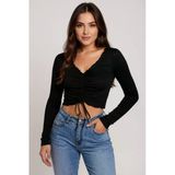 Kadın Siyah Uzun Kollu Büzdürme Bağcık Detaylı Crop Top Bluz – Şık, Rahat Ve Kolay Kombinlenebilir