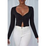 Kadın Siyah Uzun Kollu Düğmeli Göğüs Ve Göbek Dekolteli Crop Top Bluz - Şık, Rahat Ve Kolay Kombinle