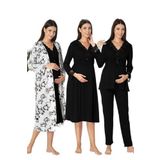 Kadın Siyah Uzun Kollu Pijama Takımı Gecelik Sabahlık Lohusa Hamile 4'lü Set, S, B8096EF-19804IGP264180