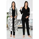 Kadın Siyah Uzun Kollu Sabahlıklı Hamile Lohusa Pijama Takımı (Siyah / 2XL)
