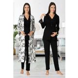 Kadın Siyah Uzun Kollu Sabahlıklı Hamile Lohusa Pijama Takımı (Siyah/S)