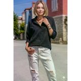 Kadın Siyah Uzun Kollu Salaş Gofre Kumaş Basic Tunik Gömlek 3522275