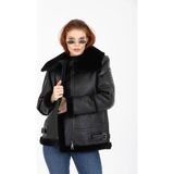 Kadın Siyah Vintage Deri Mont, Siyah Kürklü, Balıkçı Yaka, Oversize Model - 105222 - XS