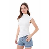 Kadın Siyah Viskon Kolsuz Örme Bluz – Dik Yaka, Asimetrik Kesim, Büzgü ve Drape Detaylı, Vücuda Oturan (Beyaz, XL)