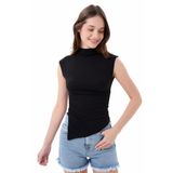 Kadın Siyah Viskon Kolsuz Örme Bluz – Dik Yaka, Asimetrik Kesim, Büzgü ve Drape Detaylı, Vücuda Oturan (Siyah, XL)