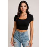 Kadın Siyah Yarım Kol Düz Yaka Crop Top Bluz – Şık, Rahat Ve Kolay Kombinlenebilir