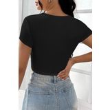 Kadın Siyah Yarım Kol Düz Yaka Crop Top Bluz