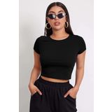 Kadın Siyah Yuvarlak Yaka Yarım Kol Crop Top Bluz