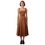 Kadın Skater Kalıp Midi Boy Saten Dokuma Kare Yaka Kokteyl Şık Mezuniyet Elbisesi Kalın Askılı-Kahverengi-40