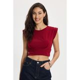 Kadın Slim Fit %100 Pamuk Pileli Yumuşak Doku Bordo Bisiklet Yaka Crop Bluz