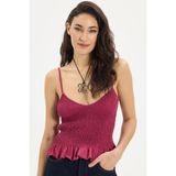 Kadın Slim Fit Dar Kesim %100 Pamuk Askılı Büzgülü V Yaka Fuşya Bluz