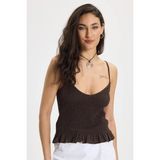 Kadın Slim Fit Dar Kesim %100 Pamuk Askılı Büzgülü V Yaka Kahverengi Bluz