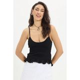 Kadın Slim Fit Dar Kesim %100 Pamuk Askılı Büzgülü V Yaka Siyah Bluz