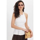 Kadın Slim Fit Dar Kesim %100 Pamuk Boyundan Bağlamalı Sıfır Kol Ekru Bluz