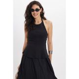 Kadın Slim Fit Dar Kesim %100 Pamuk Boyundan Bağlamalı Sıfır Kol Siyah Bluz