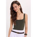 Kadın Slim Fit Dar Kesim Askılı Kare Yaka Sırtı Açık Sandy Kumaş Çıtçıtlı Yeşil Body