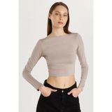 Kadın Slim Fit Dar Kesim Bisiklet Yaka Sırt Detaylı Vizon Bluz
