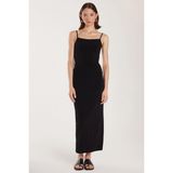 Kadın Slim Fit Dar Kesim Esnek U Yaka Midi Siyah Elbise