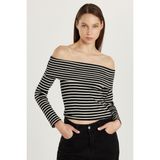Kadın Slim Fit Dar Kesim Fitilli Straplez Çizgili Bluz