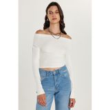 Kadın Slim Fit Dar Kesim Kayık Yaka Viskon Ekru Bluz