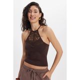 Kadın Slim Fit Dar Kesim Kolsuz Bİsiklet Yaka Dantelli Sırt Detaylı Kahverengi Bluz