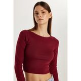 Kadın Slim Fit Dar Kesim Modal Kumaş Uzun Kollu Bisiklet Yaka Bordo Bluz