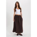 Kadın Slim Fit Dar Kesim Pamuklu Beli Lastikli Kahverengi Etek