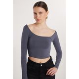 Kadın Slim Fit Dar Kesim Pamuklu Kayık Yaka Antrasit Bluz