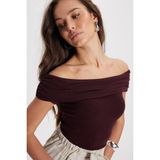 Kadın Slim Fit Dar Kesim Pamuklu Kayık Yaka Kısa Kollu Likralı Bordo Bluz