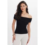 Kadın Slim Fit Dar Kesim Pamuklu Kayık Yaka Kısa Kollu Likralı Siyah Bluz