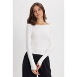 Kadın Slim Fit Dar Kesim Pamuklu Kayık Yaka Uzun Kollu Beyaz Bluz