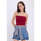 Kadın Slim Fit Dar Kesim Pamuklu Straplez Bordo Bluz