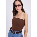 Kadın Slim Fit Dar Kesim Pamuklu Straplez Koyu Kahve Bluz