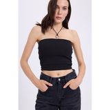Kadın Slim Fit Dar Kesim Pamuklu Straplez Siyah Bluz
