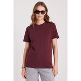Kadın Slim Fit Dar Kesim Pamuklu Yumuşak Doku Likralı Esnek Kumaş Basic Bordo Bisiklet Yaka Tişört