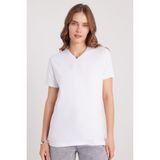 Kadın Slim Fit Dar Kesim Pamuklu Yumuşak Dokulu Likralı Esnek Kumaş Düz Basic Beyaz V Yaka Tişört