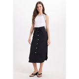 Kadın Slim Fit Dar Kesim Pileli Pamuklu Ön Düğme Kapamalı Kuşaklı Yırtmaçlı Siyah Etek