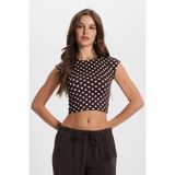 Kadın Slim Fit Dar Kesim Puantiyeli Bisiklet Yaka Kahverengi Crop Bluz
