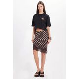 Kadın Slim Fit Dar Kesim Puantiyeli Dantel Detaylı Asimetrik Kahverengi Etek