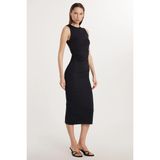 Kadın Slim Fit Dar Kesim Sıfır Kol Bisiklet Yaka Sırt Dekolteli Siyah Elbise