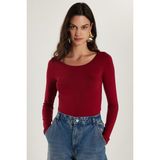 Kadın Slim Fit Dar Kesim Uzun Kollu Viskon Bordo Bluz