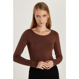 Kadın Slim Fit Dar Kesim Uzun Kollu Viskon Kahverengi Bluz